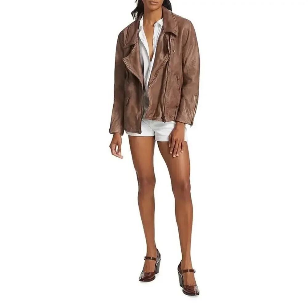We The Free Brown Leather Moto Jacket